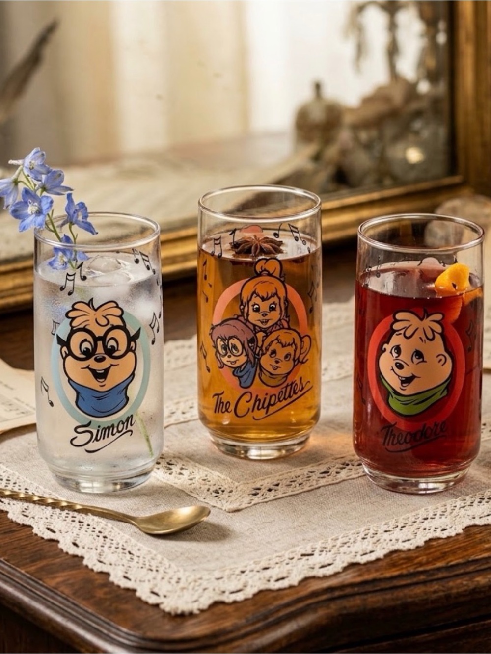 Vintage 80s Alvin & The Chipmunks Drinking Glasses Simon Theodore Chipettes Set